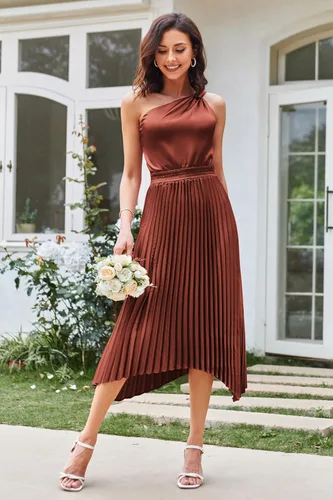 Vista 5 de GRACE KARIN Vestido de satén de verano 2023 con un hombro descubierto para mujer, sin mangas, plisado, vestido midi sexy de cóctel