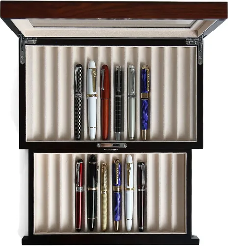 Vista 12 de vitrina de madera de la pluma de 36 ranuras Pluma estilográfica caja organizador de almacenamiento con cajón, ventana superior ventana pluma