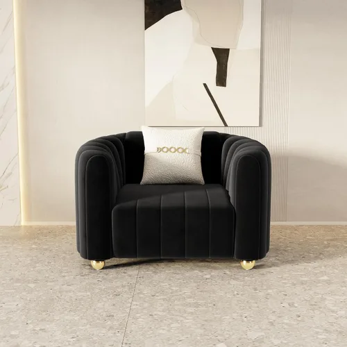 Vista 7 de Moderno juego de sofá de terciopelo negro de 3 piezas para sala de estar, juego de sofá curvado acolchado con patas de esfera de metal dorado