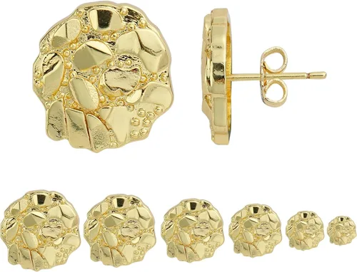 Vista 2 de Aretes de tuerca chapados en oro amarillo de 14 quilates con textura áspera para mujeres y hombres de plata esterlina