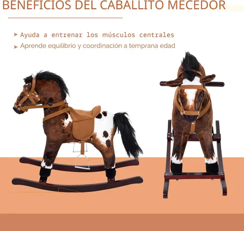 Vista 5 de Qaba Kids - Silla de montar de madera con peluche y mecedora con sonidos realistas, color marrón oscuro/blanco