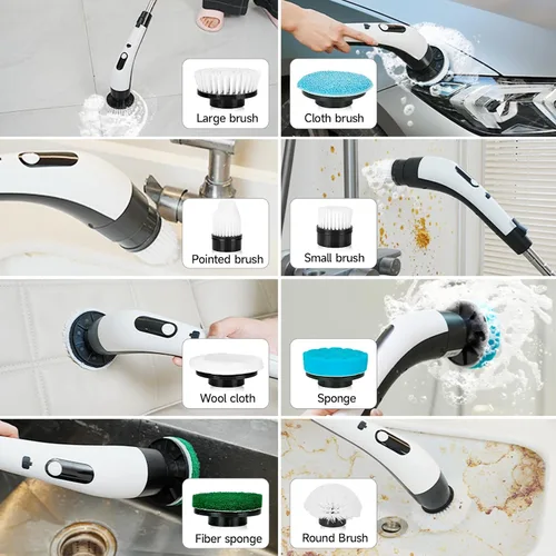 Vista 7 de Limpiador giratorio eléctrico inalámbrico con 8 cabezales de cepillo, limpieza de mano y ducha con mango ajustable, IPX7 impermeable para ducha