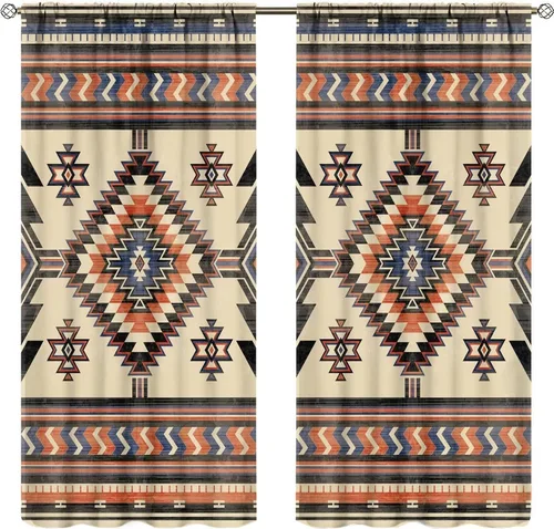 Vista 370 de Cortinas con patrón geométrico tribal, estilo suroeste, azteca, rústico, occidental, nativo americano, opacas, con bolsillo para barra, decoración