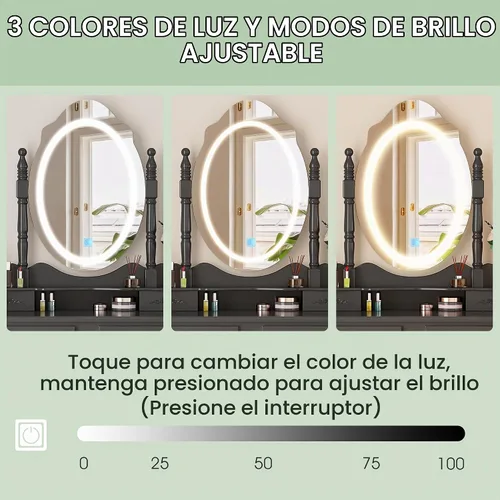 Vista 5 de Escritorio de tocador con espejo y luces, mesa de maquillaje moderna y taburete acolchado con 4 cajones, 3 modos de iluminación de color con brillo
