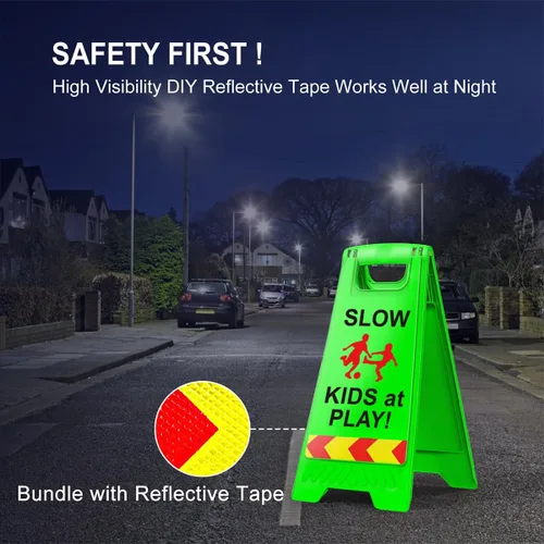 Vista 4 de Paquete de 2 señales de seguridad para niños en juego para la calle, señales de seguridad para niños en juego con cinta reflectante de 44.5 cm