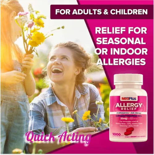 Vista 4 de MedPlus Medicina para aliviar la alergia, difenhidramina HCl 25 mg, 1000 tabletas, antihistamínico, alivio para alergias en interiores y exteriores