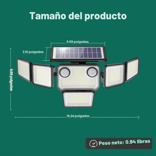 Vista 4 de Luces solares para exteriores, 6000 lm, 284 LED, doble sensor de movimiento, luces solares de 6 cabezales, luces de pared de seguridad, IP65