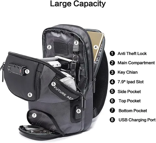 Vista 3 de Mochila tipo bandolera para hombre, bolsa de hombro impermeable con puerto USB