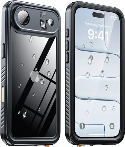 Vista 45 de ANTSHARE Funda impermeable IP68 para iPhone 16, negro/transparente Lente incorporada/protector de pantalla, protección militar contra caídas, funda