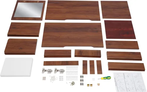 Vista 9 de Escritorio de tocador 3 en 1 con espejo, tocador compacto de 15.8 pulgadas con tapa abatible, mesa de maquillaje de nogal negro con taburete