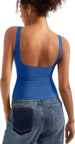 Vista 25 de SUUKSESS Camisetas sin mangas con respaldo abierto y cuello barco acolchado para mujer, con doble forro, camisas básicas Negro (Black Polka Dots)