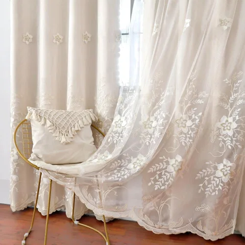 Vista 2 de Amidoudou 1 par de cortinas europeas de doble capa para sala de estar, dormitorio, cortinas bordadas de flores de lujo con cenefa