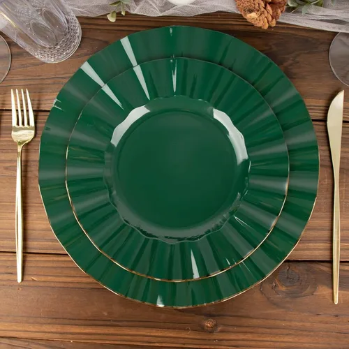 Vista 178 de Tableclothsfactory Paquete de 10 platos redondos de plástico negro de 6 pulgadas para ensalada de postre, platos desechables con borde ondulado