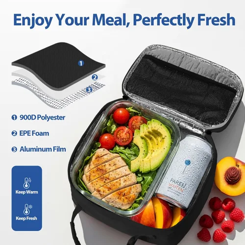 Vista 4 de Aosbos - Bolsa de almuerzo aislada para adultos - Elegante lonchera pequeña en sarga para trabajo, oficina - Bolsa de almuerzo suave y portátil