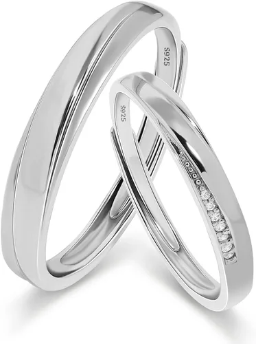 Vista 11 de Meissa 2 anillos de pareja para hombres y mujeres de plata de ley 925, anillos de boda anchos, tamaño ajustable, anillo de promesa a juego, anillos