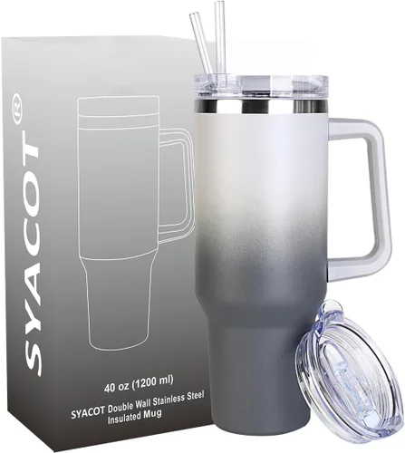Vista 10 de SYACOT Vaso de 40 onzas con asa y pajita, vaso aislado de acero inoxidable, tapa a prueba de fugas y tapa con pajilla, taza de café de viaje