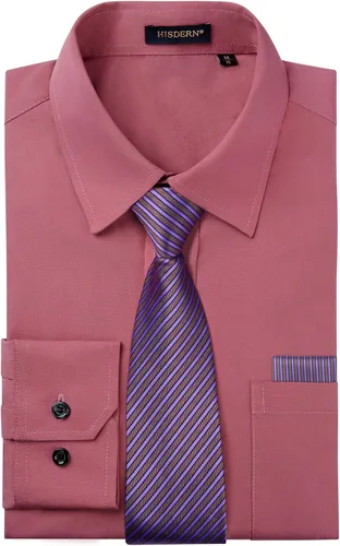 Vista 54 de HISDERN Mens Dress Shirt with Tie Pocket Square Set Classic Button Down Shirt Matching Tie Long Sleeve Shirts 08-verde