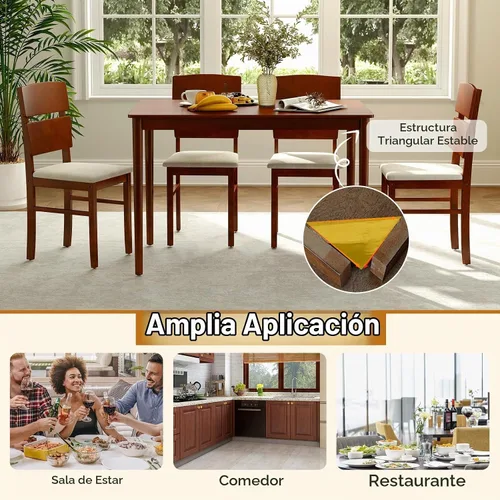 Vista 7 de Giantex Juego de mesa de comedor de 5 piezas para 4, mesa de comedor rectangular de granja con 4 sillas tapizadas, respaldo alto curvo, patas