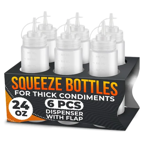 Vista 10 de 6 botellas de plástico para salsas de 4 onzas (4.1 fl oz), juego de botellas reutilizables pequeñas con punta fina cortable, para barbacoa, picnic