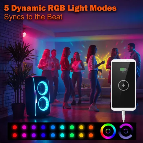Vista 5 de Altavoz Bluetooth para fiestas, potente sonido estéreo de 180 W, graves profundos, altavoz inalámbrico portátil con modos de sonido EQ, luces LED