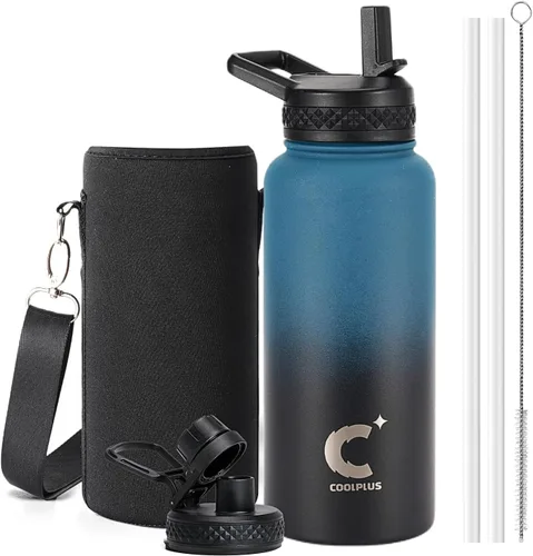 Vista 13 de Coolplus - Botella de agua de 32 onzas aislada, termo de agua de acero inoxidable con popote de metal de doble pared al vacío con funda de Negro