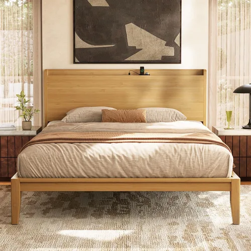 Vista 10 de PRAISUN Marco de cama Queen de madera de bambú con estación de carga y Espresso