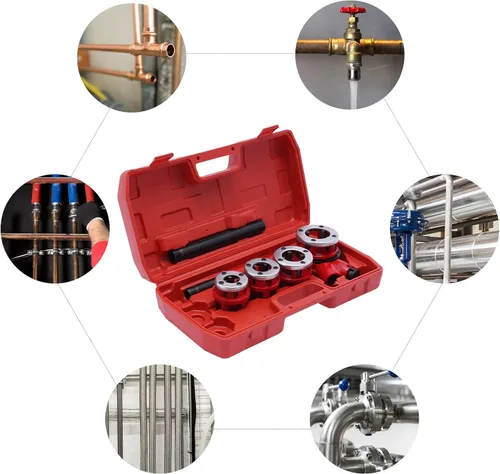 Vista 4 de Kit de enhebrador de tubería de trinquete, roscado manual de tubería de corte de hilo de acero, fontanero BSPT de 1/2''-1-1/4'' con estuche