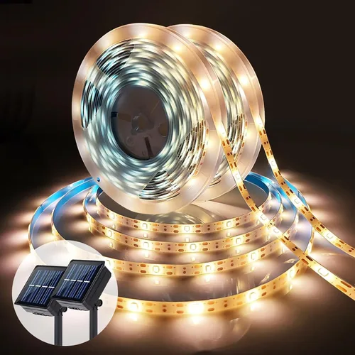 Vista 14 de Tira de luces LED solares para exteriores, impermeable, 10 pies, cinta cortable, iluminación de 3000 K, blanco cálido con 8 modos para valla