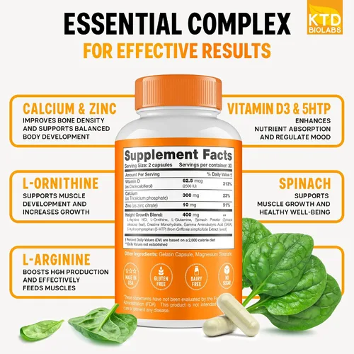 Vista 2 de Paquete de 2 cápsulas de apoyo al crecimiento de la altura para niños, fórmula de desarrollo diario con calcio, vitamina D3 y zinc, apoyo óseo