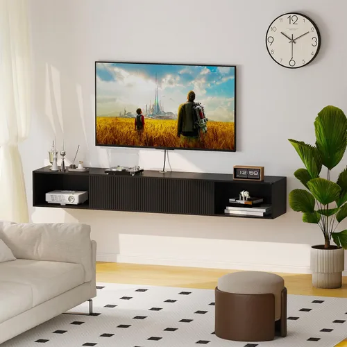Vista 7 de Soporte de TV flotante de 55 pulgadas con luz LED, soporte de TV flotante montado en la pared, centro de entretenimiento flotante con almacenamiento