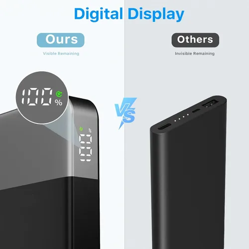 Vista 5 de NOBIS Cargador portátil, cargador de batería de 10000 mAh de carga rápida, paquete de baterías con cable C a C, banco de baterías con pantalla Negro