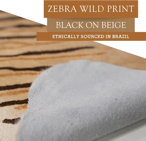 Vista 6 de Sunshine Cowhides Alfombra de piel de vaca 100% genuina con estampado salvaje de cebra negro sobre beige, alfombra de estilo moderno de piel