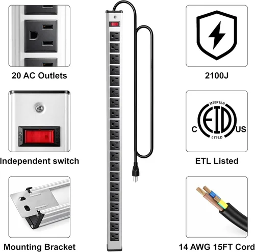 Vista 3 de Tira de alimentación de enchufe de metal resistente de 20 tomas, protector de sobretensiones 2100J cable de extensión de 15 pies de largo