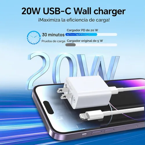 Vista 2 de Compatible con cargador de teléfono de 6/10 pies, carga rápida, paquete de 20 W, PD tipo C, bloque de carga rápida y cable de carga rápida