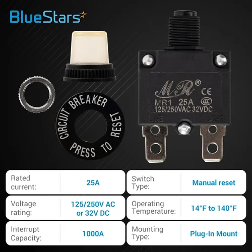 Vista 3 de BlueStars Paquete de 5 disyuntores térmicos de 3 amperios 125/250 V CA 32 V CC, protector de sobrecarga con botón de reinicio manual, terminales