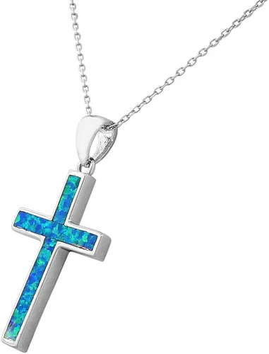 Vista 2 de Plata de ley 925Religiosa Cruz Azul turquoise-tone imitación Opal Colgante Collar