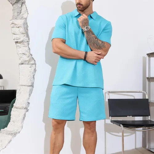 Vista 4 de PICKLION Conjunto deportivo de 2 piezas con cremallera para hombre, camiseta polo y pantalones cortos, conjunto casual de verano de manga corta