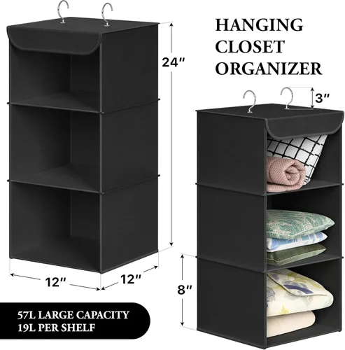 Vista 2 de Simple Houseware Organizador de armario colgante de 3 estantes, estantes de almacenamiento de tela con capacidad de 57 litros, color negro