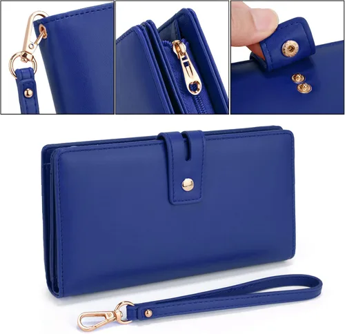 Vista 3 de UTO Cartera de pulsera para mujer desmontable para chequera, tarjeta, billetes, teléfono, organizador grande, 1085 azul, Grande, Moderno