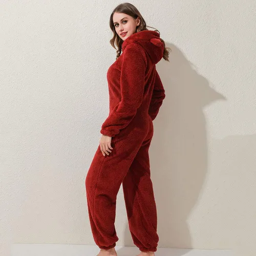 Vista 6 de Pijama de forro polar para mujer, mameluco cálido de sherpa, ropa de dormir de una pieza con cremallera y capucha