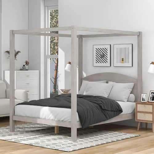 Vista 12 de Linique Cama de plataforma tamaño King con cabecera y patas de soporte, marco de cama King de madera con cuatro pósteres, no requiere somier, gris