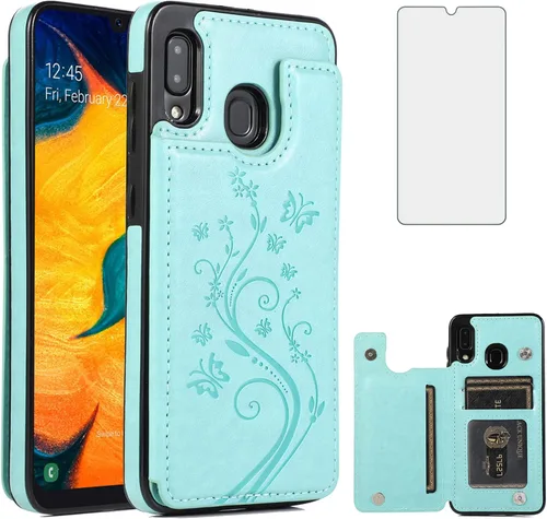 Vista 12 de Funda de teléfono para Samsung Galaxy A20 A30 con protector de pantalla de vidrio templado, tarjetero con soporte para tarjetero, soporte para Negro