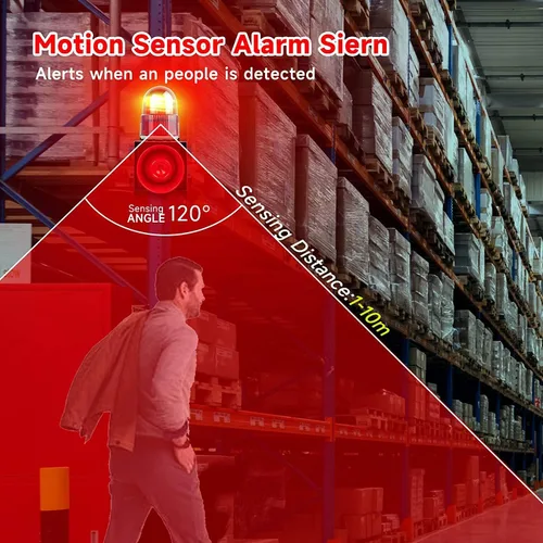 Vista 2 de Sensor de Movimiento Alarma 120dB Bocina Tonos de Volumen Ajustable Impermeable LED Luz Estroboscópica Sirenas Detector de Movimiento Sistema