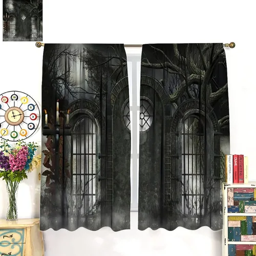 Vista 3 de Cortinas góticas con diseño de luna de Halloween, historia, puerta espeluznante, fondo de terror, vela, ficción, patrón de impresión, sala de estar