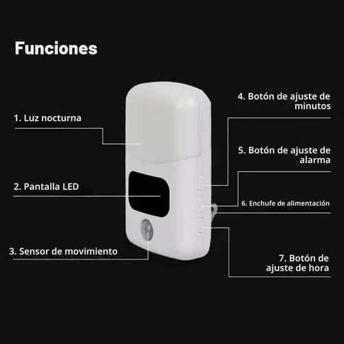 Vista 7 de LUXON Luz nocturna con sensor de movimiento con reloj despertador digital