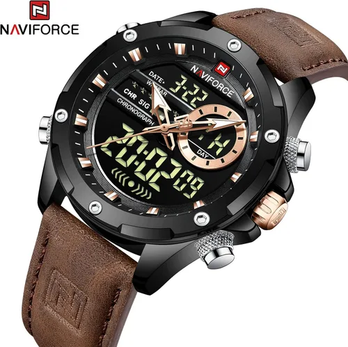 Vista 4 de NAVIFORCE Reloj digital militar para hombre, movimiento de cuarzo japonés, analógico, resistente al agua, reloj deportivo de cuero multifuncional
