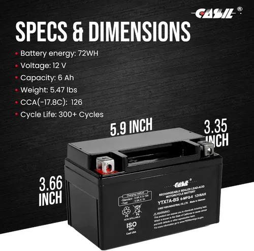 Vista 4 de Casil Ytx7a-bs Battery - Alto rendimiento ytx7a-bs 12v 6ah - sin mantenimiento - Batería sellada AGM para motocicleta compatible con Gas Gy6 Scooter