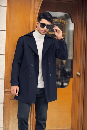 Vista 2 de Gafeng Gabardina de doble botonadura para hombre, solapa con muescas, casual, ajustado, largo cortavientos