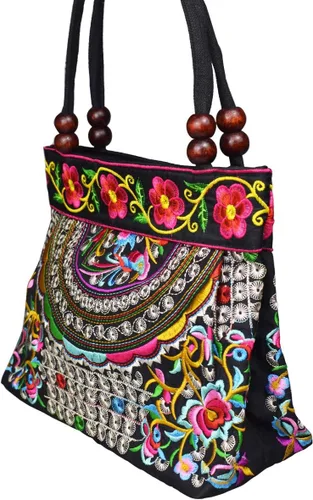 Vista 2 de Canvas Floral Hobo Tote Bags for Women Stylish Casual Shoulder Handbag Ethnic Embroidery Purse