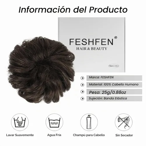 Vista 5 de FESHFEN Paquete de Moños Desaliñados - 100% Cabello Humano, Moños Reales, Gomas para el Cabello, Extensiones de Cola de Caballo, Cabello Ondulado 2#